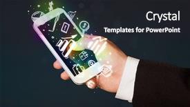  Presentation with smartphone - Beautiful presentation design featuring smart phone application bank - smartphone with finance and market backdrop and a wine colored foreground