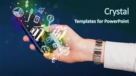  Presentation with market - Slide set with smart phone application bank - smartphone with finance and market background and a navy blue colored foreground