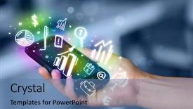  Presentation with finance - Slide set featuring smart phone application bank - smartphone with finance and market background and a teal colored foreground