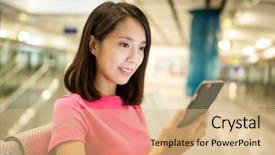  Presentation with train - Theme with asian woman using smart phone in train platform background and a coral colored foreground