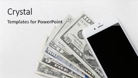  Presentation with smart light - Colorful slides enhanced with smart phone on dollar banknotes over light table internet earning concept backdrop and a white colored foreground