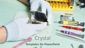  Presentation with repair - Beautiful PPT layouts featuring smart phone repair repairman disassembling smartphone backdrop and a sky blue colored foreground