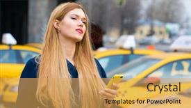  Presentation with taxi - Beautiful presentation theme featuring smart phone walking in blue backdrop and a  colored foreground