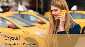  Presentation with taxi - PPT theme having smart phone walking in blue background and a yellow colored foreground