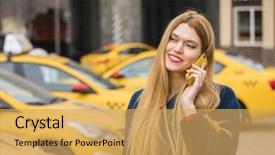  Presentation with taxi - Presentation design with smart phone walking in blue background and a  colored foreground