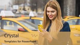  Presentation with conference phone calls - Presentation design enhanced with smart phone walking in blue background and a  colored foreground