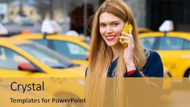  Presentation with conference phone calls - Amazing PPT layouts having smart phone walking in blue backdrop and a  colored foreground