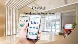  Presentation with smart building - Audience pleasing presentation design consisting of smart phone with mobile office in spacious hall of modern office building backdrop and a soft green colored foreground