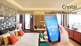  Presentation with bedroom modern - Beautiful PPT theme featuring smart phone with smart home backdrop and a coral colored foreground