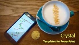  Presentation with money bitcoin crypto currency gold - Beautiful theme featuring smart phone with stock chart backdrop and a tawny brown colored foreground