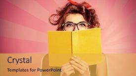  Presentation with child girl reading a book - Colorful slide deck enhanced with smart pretty girl in glasses backdrop and a yellow colored foreground