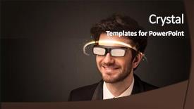  Presentation with futuristic glasses - Theme enhanced with smart sensor network - handsome man looking with futuristic background and a  colored foreground
