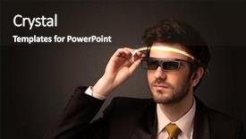  Presentation with futuristic glasses - Colorful PPT layouts enhanced with smart sensor network - handsome man looking with futuristic backdrop and a  colored foreground