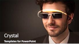  Presentation with futuristic glasses - Presentation theme enhanced with smart sensor network - handsome man looking with futuristic background and a  colored foreground