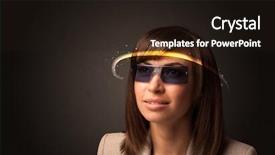  Presentation with futuristic glasses - Amazing PPT theme having smart sensor network - pretty woman looking with futuristic backdrop and a  colored foreground