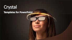  Presentation with futuristic glasses - Slides with smart sensor network - pretty woman looking with futuristic background and a  colored foreground