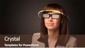  Presentation with futuristic glasses - Colorful presentation theme enhanced with smart sensor network - pretty woman looking with futuristic backdrop and a  colored foreground