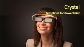  Presentation with futuristic glasses - Cool new PPT theme with smart sensor network - pretty woman looking with futuristic backdrop and a wine colored foreground