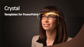  Presentation with futuristic glasses - Colorful slide set enhanced with smart sensor network - pretty woman looking with futuristic backdrop and a wine colored foreground