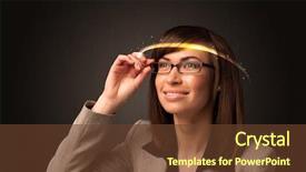  Presentation with futuristic glasses - Presentation design featuring smart sensor network - pretty woman looking with futuristic background and a tawny brown colored foreground