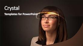  Presentation with futuristic glasses - Colorful slide deck enhanced with smart sensor network - pretty woman looking with futuristic backdrop and a wine colored foreground