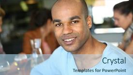  Presentation with snack - Beautiful presentation design featuring smart shopping - smiling mixed-raced man sitting backdrop and a  colored foreground