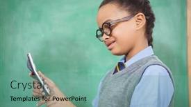  Presentation with elementary - Theme enhanced with smart student holding a calculator at the elementary school background and a seafoam green colored foreground