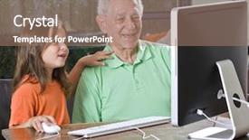  Presentation with grandfather - Theme with smart technology - grandfather and granddaughter with computer background and a coral colored foreground