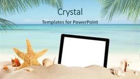  Presentation with shells - Colorful PPT theme enhanced with smart telecom - summer concept with empty tablet backdrop and a light blue colored foreground
