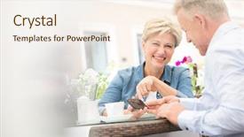  Presentation with aged - Amazing slides having smart telecommunication - happy middle-aged couple using mobile backdrop and a sky blue colored foreground