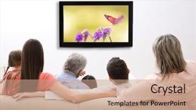  Presentation with television watching - PPT layouts with smart tv - family watching television at home background and a coral colored foreground