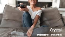  Presentation with photo - Beautiful PPT layouts featuring smart tv - photo of happy young woman backdrop and a gray colored foreground