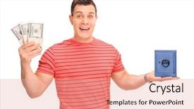  Presentation with tan book stack stacks of books - PPT theme featuring smart vault - cheerful guy holding few stacks background and a coral colored foreground