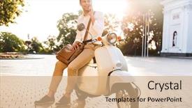  Presentation with motorbike - Amazing theme having mopeds - smiling young businessman sitting backdrop and a coral colored foreground