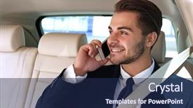  Presentation with mobile phone on car - PPT theme enhanced with smart vehicle network - handsome businessman talking on mobile background and a  colored foreground