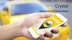  Presentation with taxi - Amazing PPT theme having smart vehicle network - taxi application on phone backdrop and a light blue colored foreground