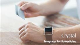  Presentation with smart card - Amazing PPT theme having smart watch and credit card backdrop and a coral colored foreground