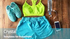  Presentation with internship medical equipment - Slide set consisting of smart water bottle - fitness equipment on wooden background background and a teal colored foreground