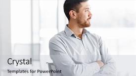  Presentation with portrait of a shy embarrassed - PPT layouts with smart window - portrait of businessman background and a light gray colored foreground