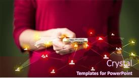  Presentation with woman world - Presentation theme featuring smart woman holding telephone with world social media network connection background and a wine colored foreground