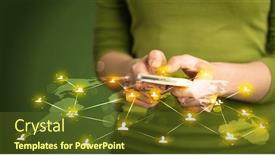  Presentation with social media network - Theme having smart woman holding telephone with world social media network connection background and a tawny brown colored foreground