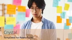  Presentation with ideas - Presentation design enhanced with smart-young-asian-businessman-writing background and a coral colored foreground