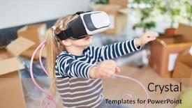  Presentation with simulation - PPT theme featuring smarthome - girl with virtual reality glasses background and a coral colored foreground