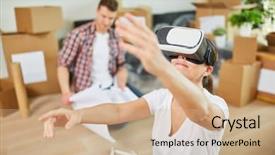  Presentation with apartment - Slide deck enhanced with smarthome - young woman with virtual reality background and a coral colored foreground