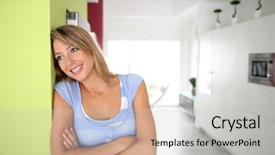  Presentation with kitchen - Audience pleasing PPT layouts consisting of smarthouse - 30-year-old woman standing in home backdrop and a light gray colored foreground