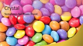  Presentation with candy - Slide deck consisting of colorful sugar coated chocolate smarties - assorted candy background and a coral colored foreground