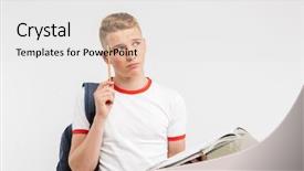  Presentation with sad - Amazing slide deck having backpack thinking and touching temple backdrop and a light gray colored foreground