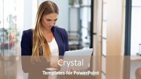  Presentation with computer - Colorful PPT theme enhanced with smartly-dressed-caucasian-businesswoman-standing backdrop and a coral colored foreground