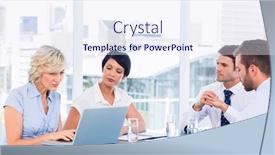  Presentation with conference table - Amazing slide deck having smartly dressed young executives sitting around conference table in office backdrop and a sky blue colored foreground