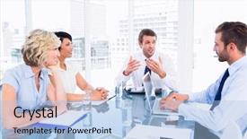  Presentation with conference table - Beautiful PPT layouts featuring smartly dressed young executives sitting backdrop and a  colored foreground